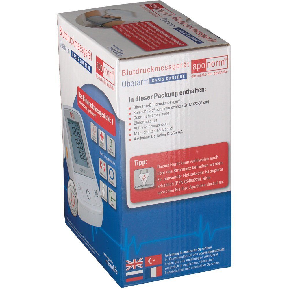 Verpackung des Blutdruckmessgeräts. Enthält: Oberarm-Blutdruckmessgerät, Manschette Gr. M, Gebrauchsanweisung, Batterien.