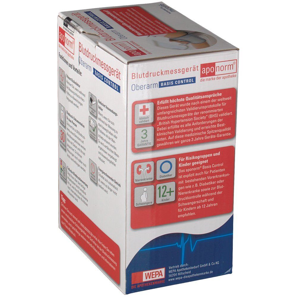 Verpackung des Blutdruckmessgeräts. Seite mit Informationen zu Risikogruppen und Kindern. Text: Geeignet für Diabetiker, etc.