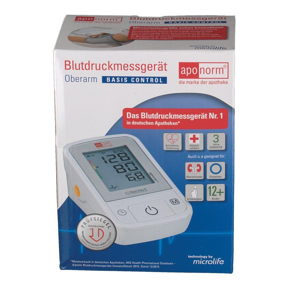 Blutdruckmessgerät in Verpackung. Digitalanzeige, weißes Gehäuse, gelber Knopf. Aufschrift: aponorm, Basis Control.