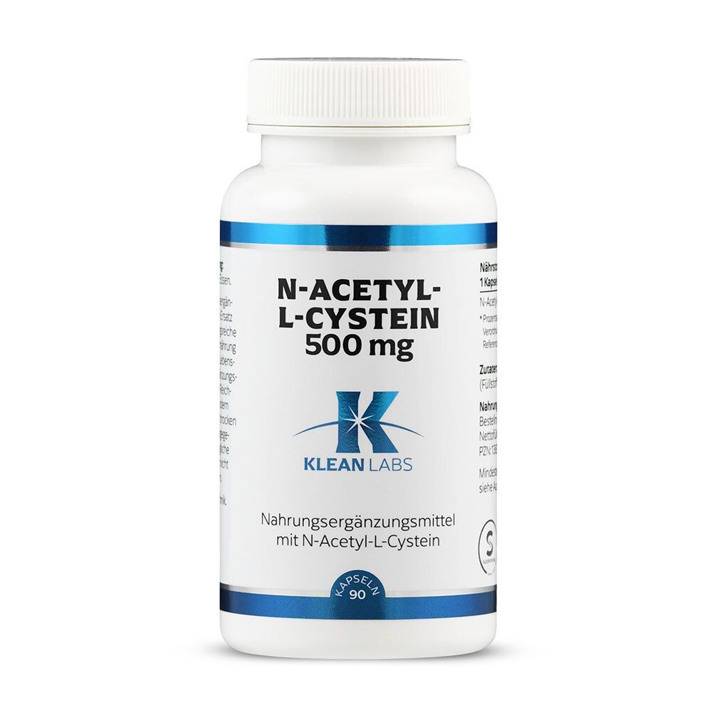 Weiße Flasche mit blauem Etikett. Aufschrift: N-Acetyl-L-Cystein 500 mg. Marke: KLEAN LABS. 90 Kapseln.