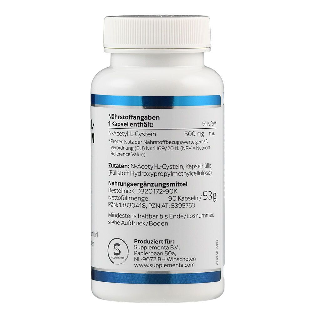 Rückseite der weißen Flasche. Enthält Nährwertangaben und Zutaten. Marke: Supplementa. 90 Kapseln/53g.