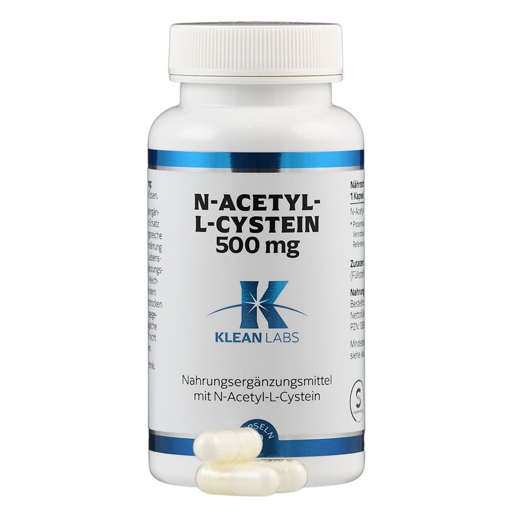 Weiße Flasche mit blauem Etikett. N-Acetyl-L-Cystein 500 mg. Daneben liegen Kapseln. Marke: KLEAN LABS.