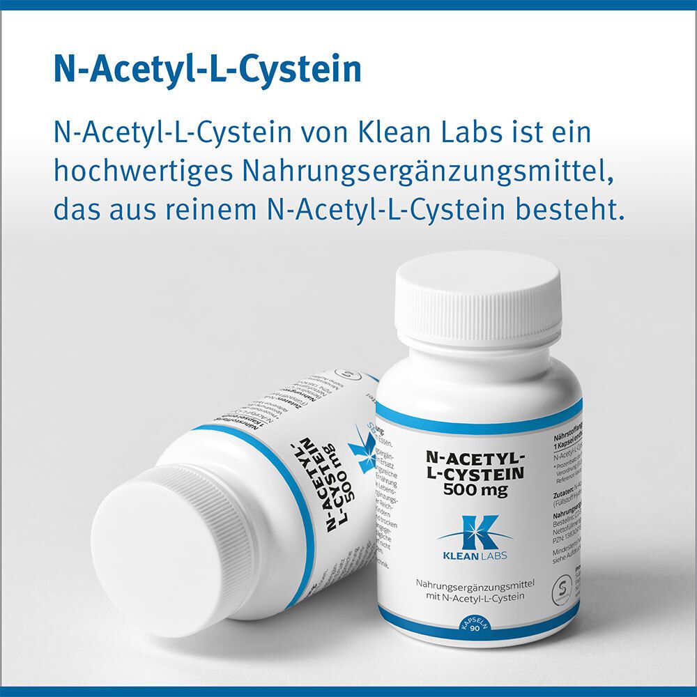 Zwei Flaschen mit blauem Etikett. Aufschrift: N-Acetyl-L-Cystein 500 mg. Marke: KLEAN LABS. Text: Nahrungsergänzungsmittel.