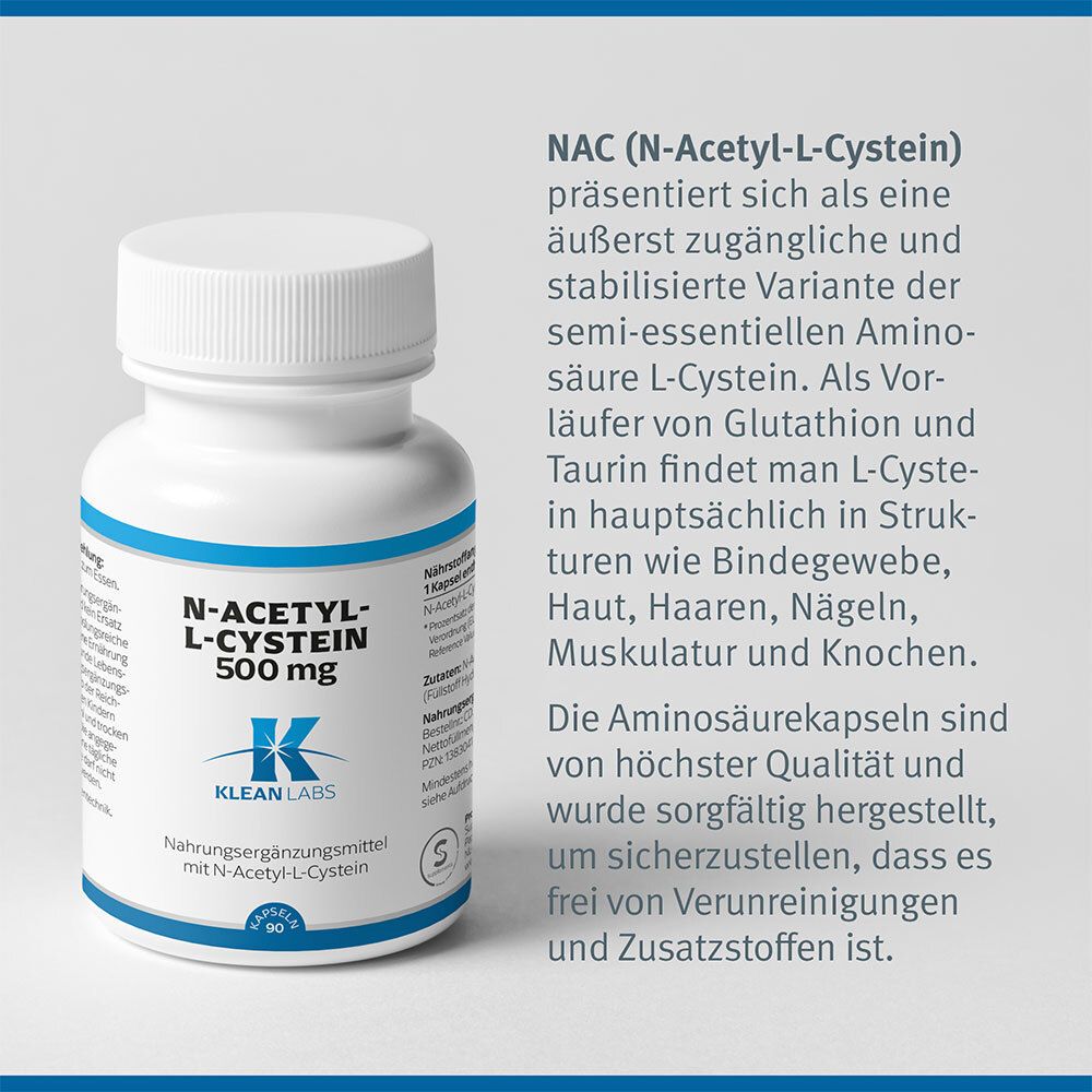 Weiße Flasche mit blauem Etikett. Aufschrift: N-Acetyl-L-Cystein 500 mg. Marke: KLEAN LABS. Text. Aminosäurekapseln.
