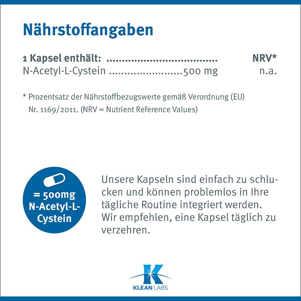 Weiße Flasche mit blauem Etikett. Nährwertangaben: N-Acetyl-L-Cystein 500 mg. Text: Unsere Kapseln sind einfach zu schlucken.