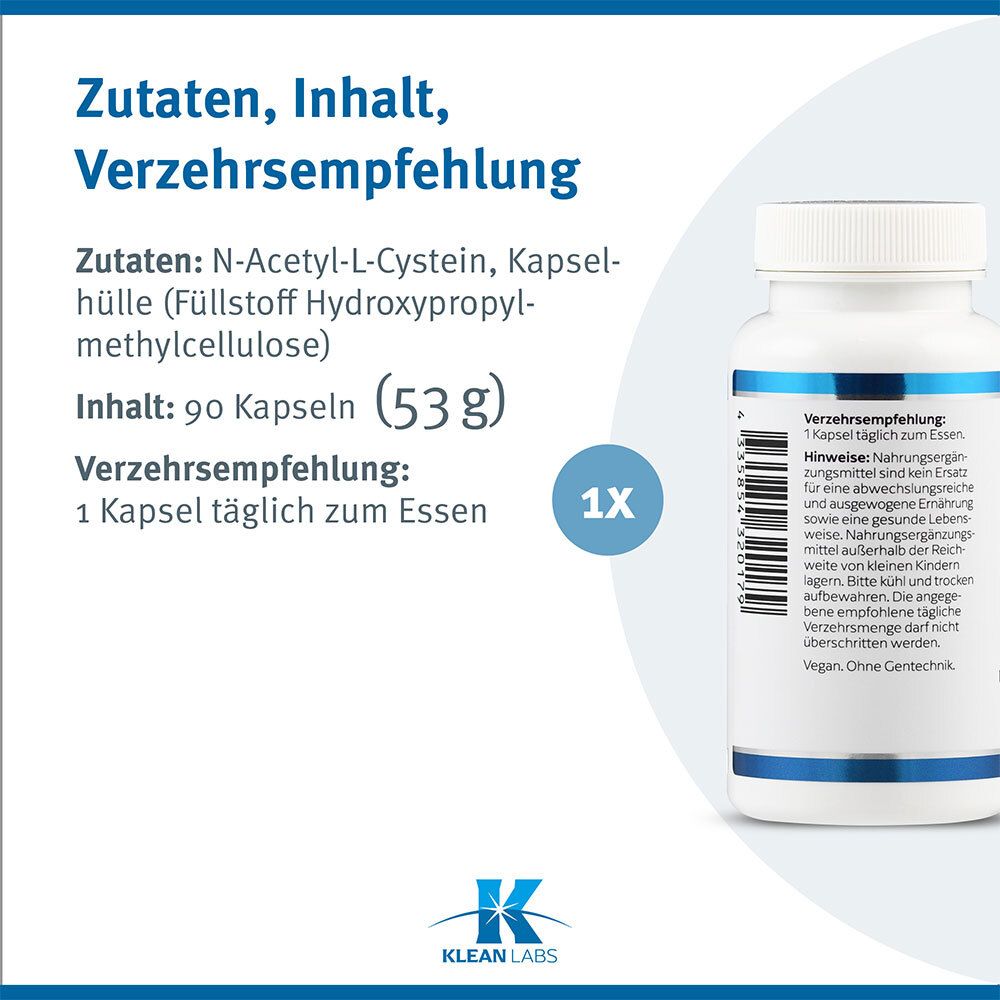 Weiße Flasche mit blauem Etikett. Zutaten, Inhalt, Verzehrsempfehlung. 90 Kapseln (53g). 1 Kapsel täglich.