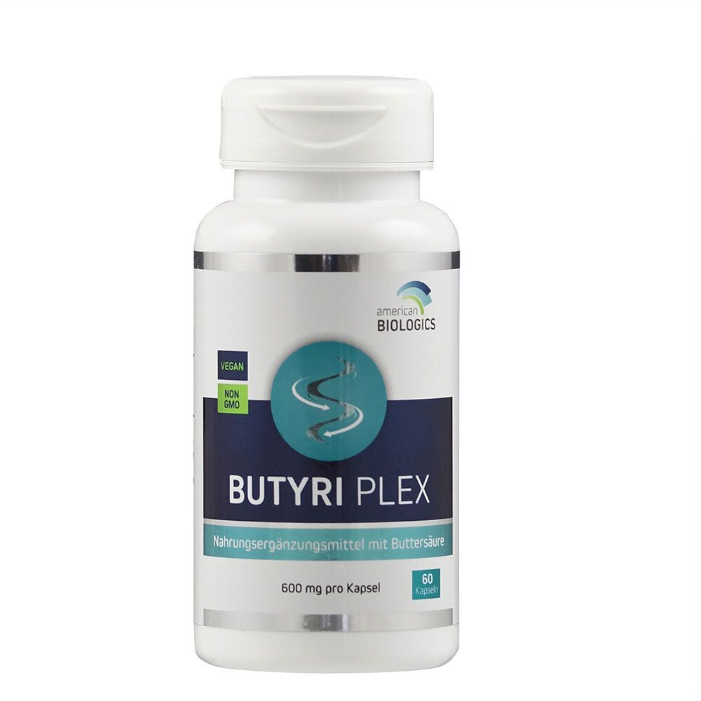 Weiße Flasche mit Kapseln. Aufschrift: Butyri Plex, 600 mg pro Kapsel. Vegan, Non-GMO.