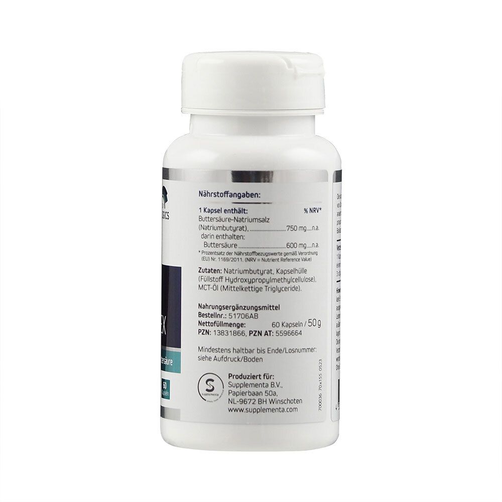 Rückseite einer weißen Flasche mit Kapseln. Enthält Nährwertangaben und Zutaten. 60 Kapseln.