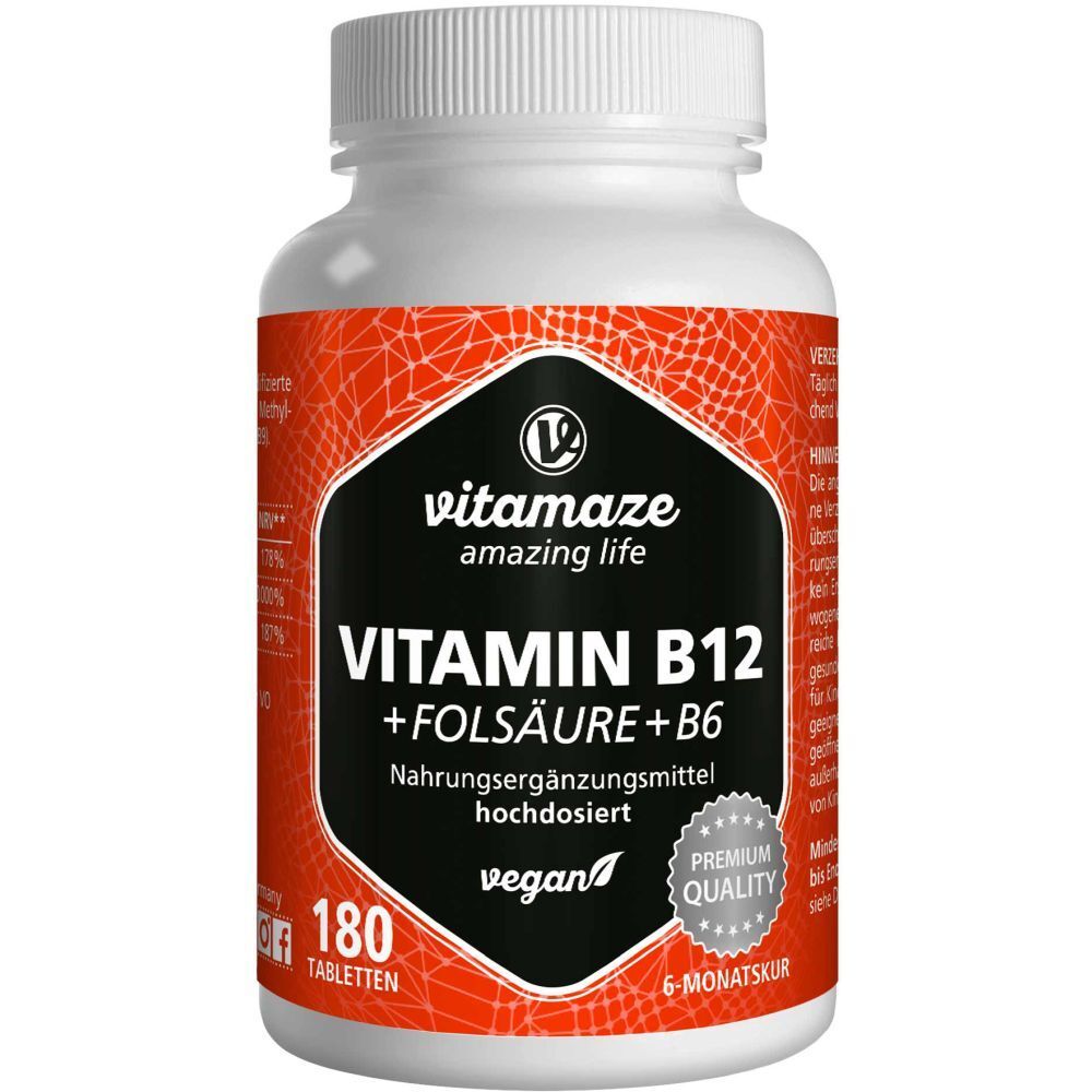 Weiße Flasche mit rotem Etikett. Enthält Vitamin B12, Folsäure und B6. 180 Tabletten, vegan, Premium Quality.