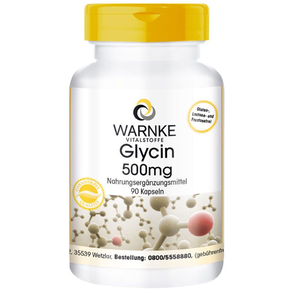 Weiße Flasche mit gelbem Deckel. Aufschrift WARNKE Glycin 500mg. 90 Kapseln. Gluten-, Lactose- und Fructosefrei.