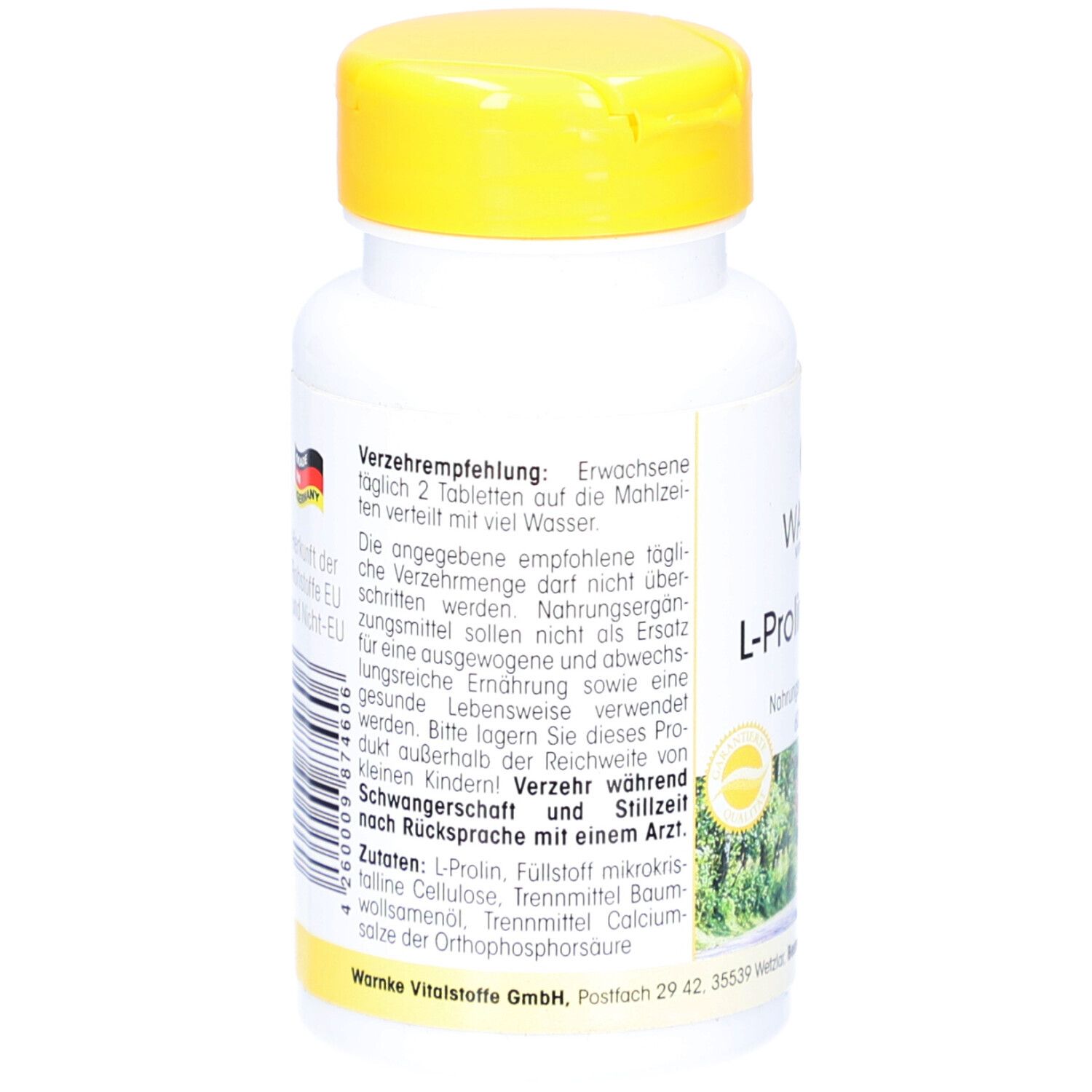 Rückseite der weißen Flasche mit gelbem Deckel. Text: Verzehrempfehlung, Zutaten, Warnhinweise. Mit deutschem Flaggen-Symbol.