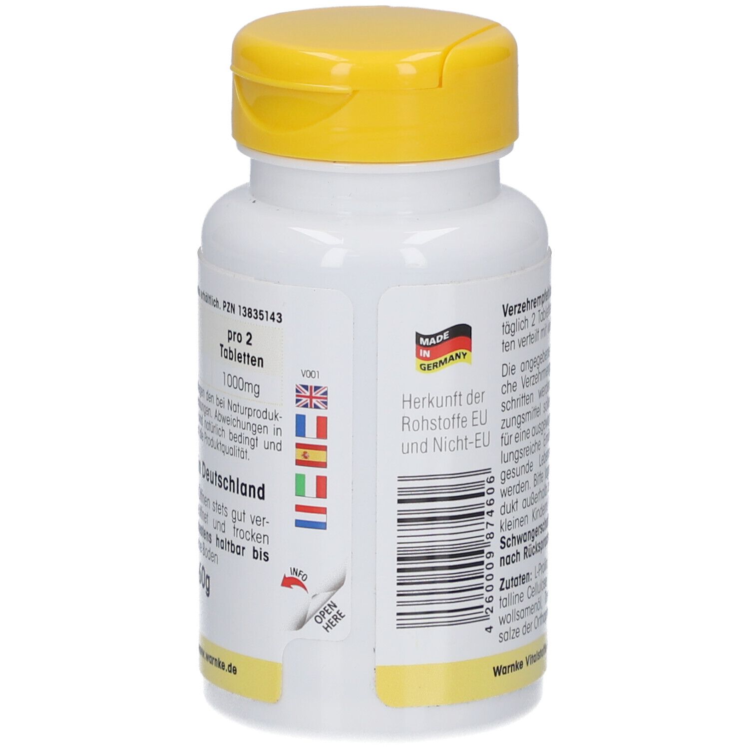 Rückseite der weißen Flasche mit gelbem Deckel. Text und Flaggen von EU-Ländern. Barcode und PZN-Nummer.