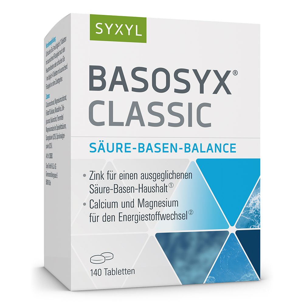 BASOSYX CLASSIC-Verpackung. Weißer Karton mit Produktnamen, Inhaltsangaben und Tabletten-Abbildung.