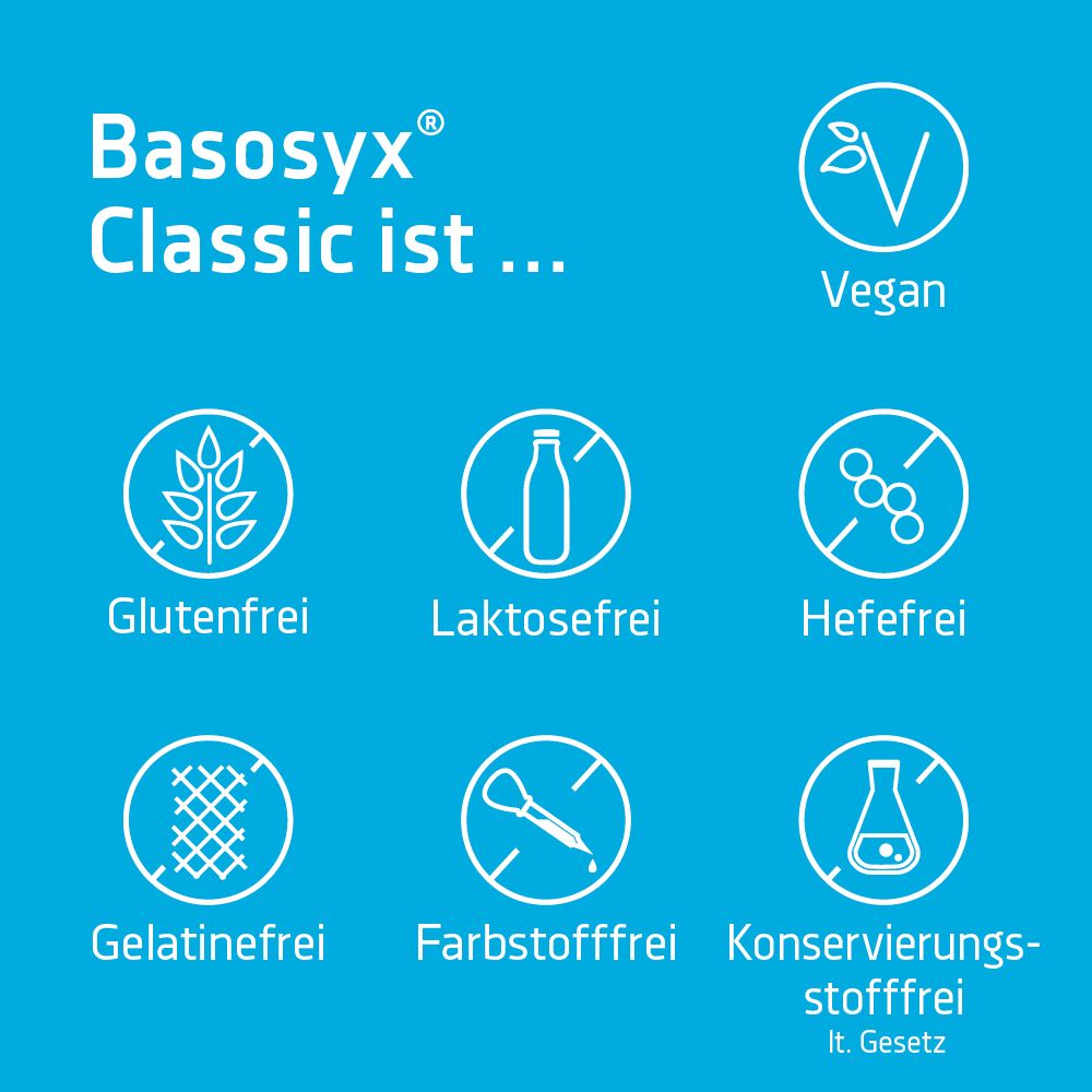 Blauer Hintergrund mit weißen Icons. Vegan, glutenfrei, laktosefrei, hefefrei, gelatinefrei, farbstofffrei, konservierungsstofffrei.