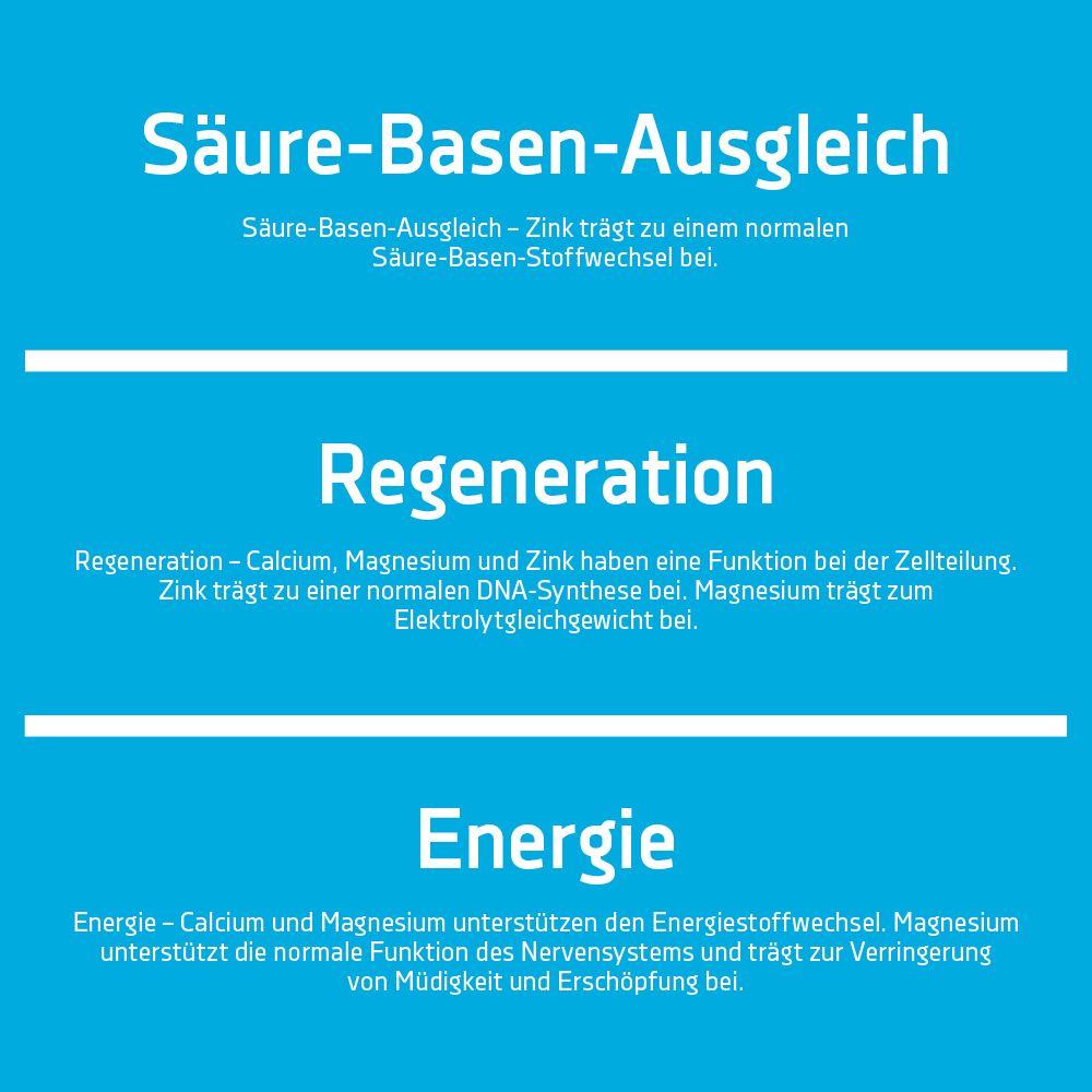 Blauer Hintergrund mit Text. Säure-Basen-Ausgleich, Regeneration, Energie. Beschreibungen der Vorteile.