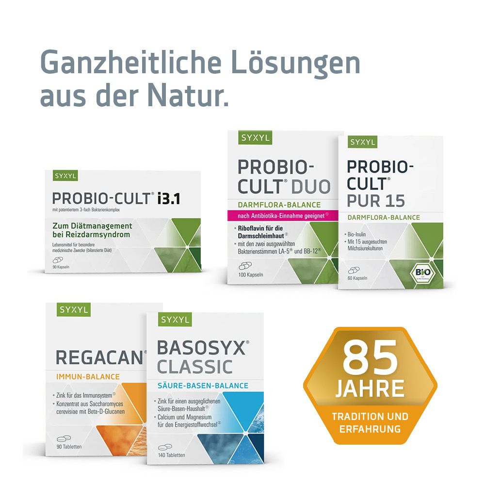 Produktübersicht. Verschiedene SYXYL-Produkte. BASOSYX CLASSIC, PROBIO-CULT, REGACAN. 85 Jahre Tradition.