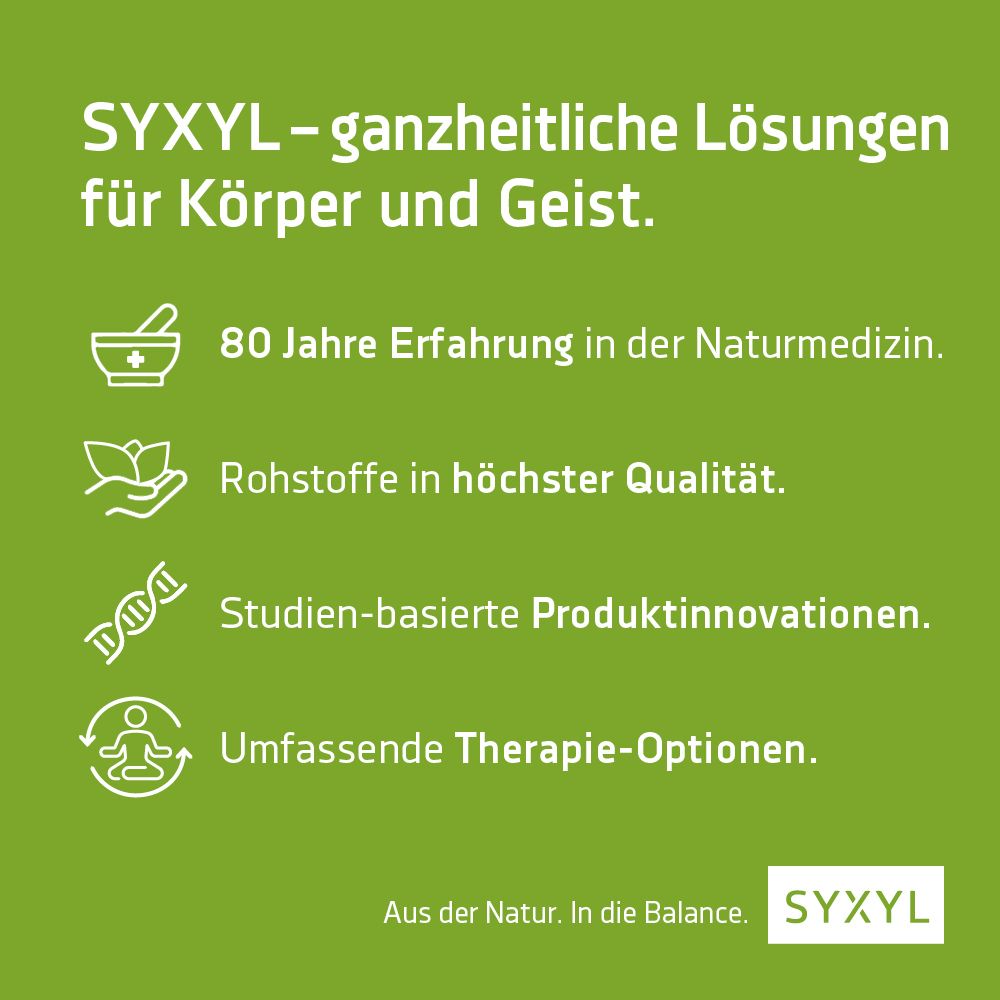 Grüner Hintergrund mit Text. SYXYL-Lösungen für Körper und Geist. 80 Jahre Erfahrung, Rohstoffe, Innovationen.
