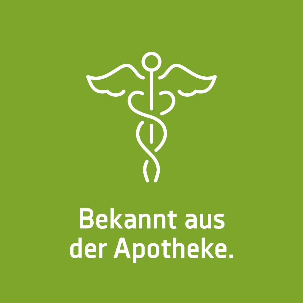 Grüner Hintergrund mit einem Äskulapstab. Text: Bekannt aus der Apotheke.