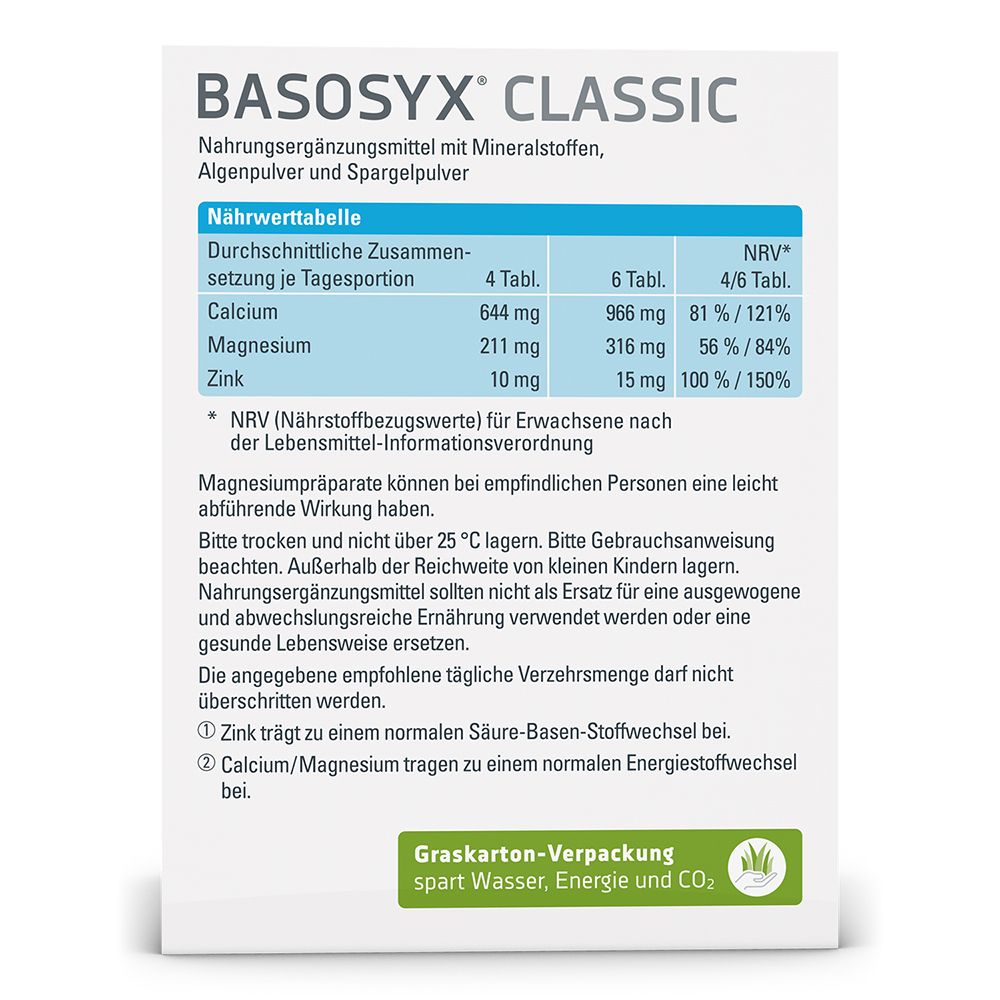 Rückseite der BASOSYX CLASSIC-Verpackung. Nährwerttabelle, Inhaltsstoffe, Verzehrempfehlung, Herstellerinformationen.