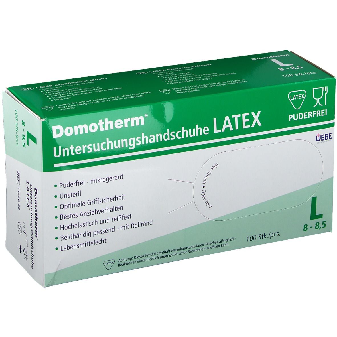 Grüne Schachtel mit Domotherm Latex Untersuchungshandschuhen, Größe L 8-8,5. 100 Stück. Puderfrei.