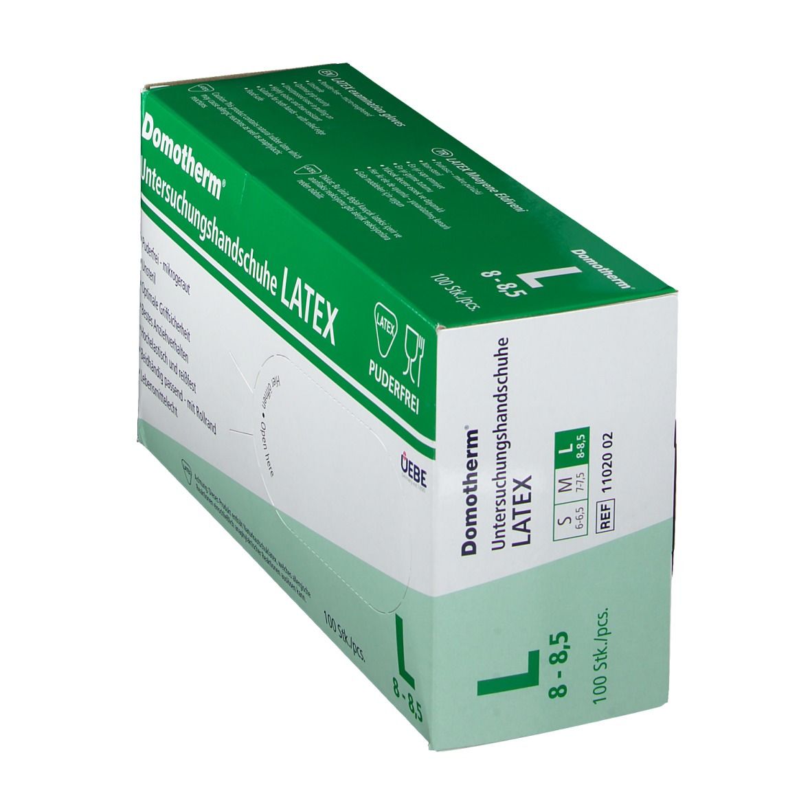 Schachtel mit Domotherm Latex Untersuchungshandschuhen, Größe L 8-8,5. Grüne und weiße Verpackung.