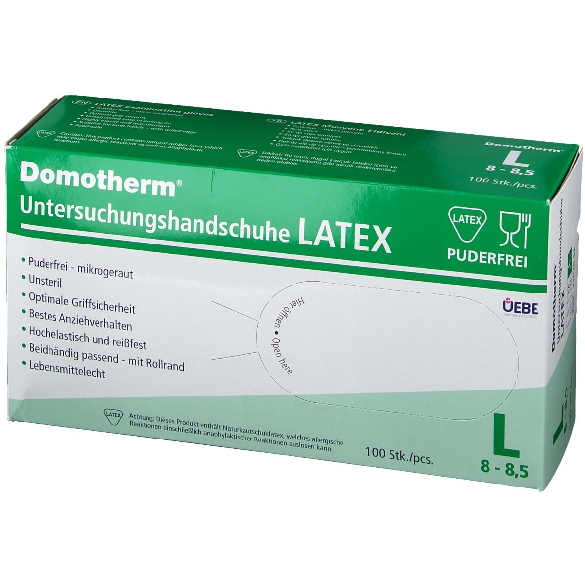Grüne Schachtel mit Domotherm Latex Untersuchungshandschuhen, Größe L 8-8,5. 100 Stück. Puderfrei.