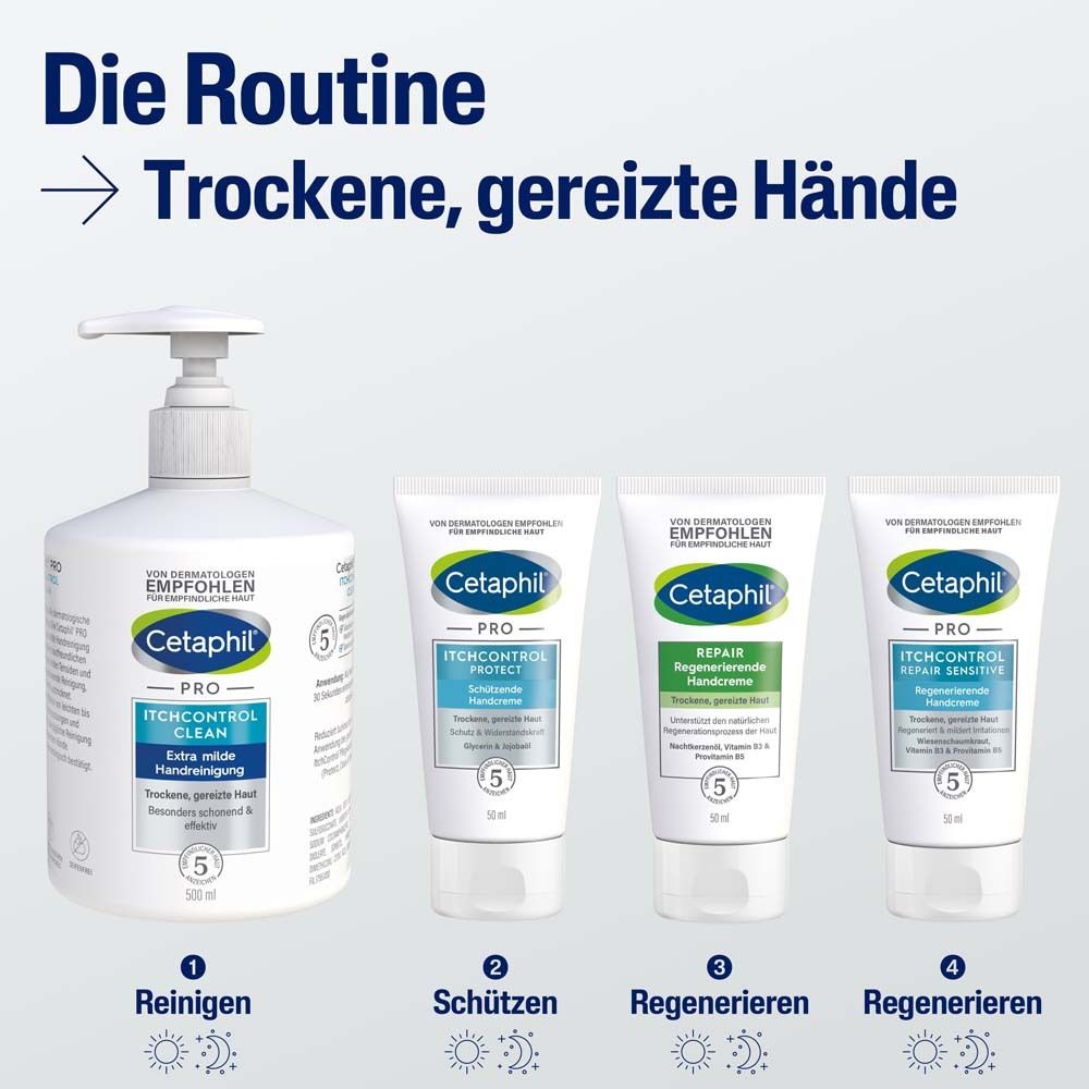 Produktreihe: Cetaphil PRO ItchControl Clean, Handreinigung, 500ml, und zwei Cremes. Trockene, gereizte Hände. Reinigen, schützen, regenerieren.