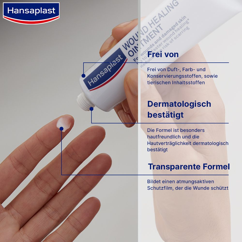 Hand mit Creme. Text: Frei von Duft-, Farb- und Konservierungsstoffen. Dermatologisch bestätigt.