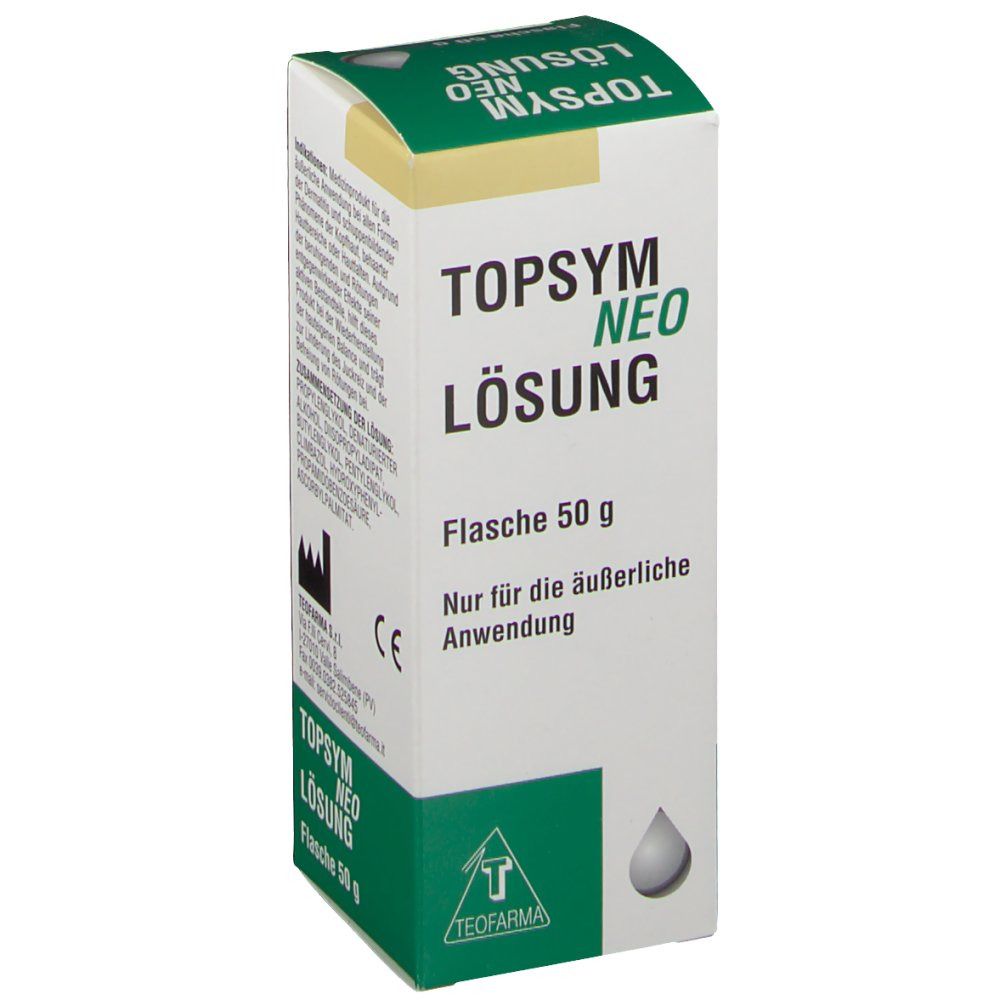 Karton von TOPSYM NEO Lösung. Weiß, grün und gelb. Text: TOPSYM NEO Lösung, Flasche 50 g, Nur für die äußerliche Anwendung. CE-Zeichen.