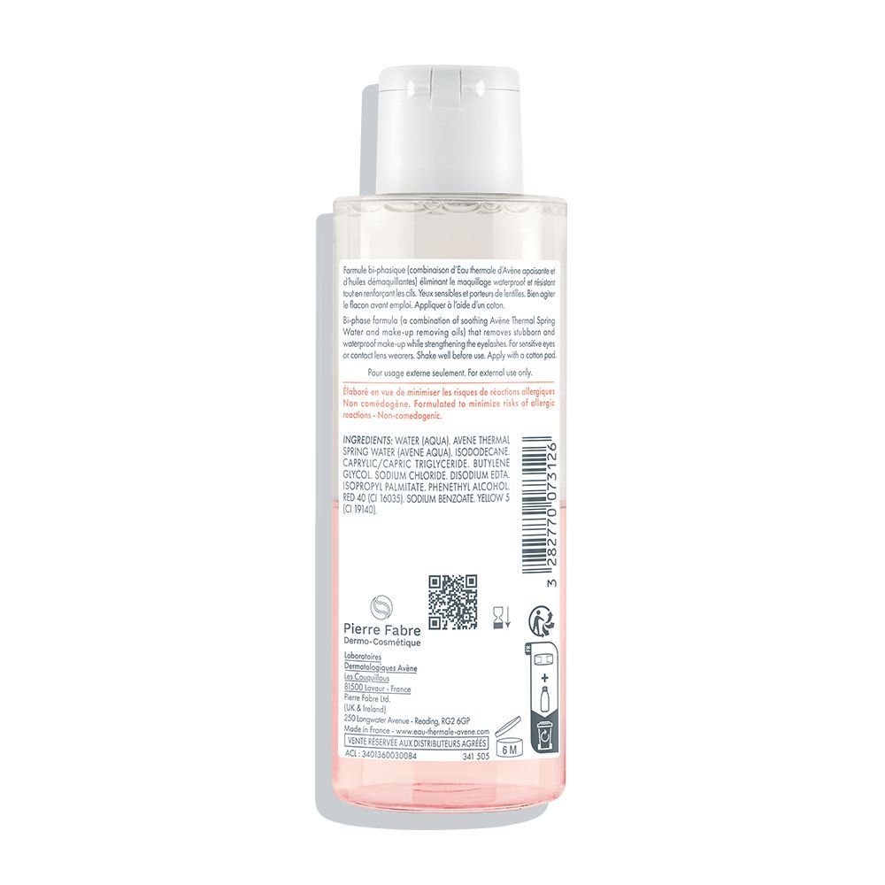 Rückseite der Avène Augen-Make-up-Entferner Flasche. Text: Inhaltsstoffe, Anwendungshinweise, Herstellerinformationen, QR-Code.