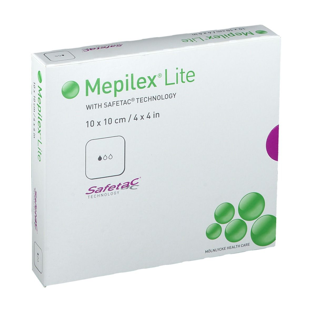 Weiße Verpackung von Mepilex Lite. Aufdruck: 10 x 10 cm, Safetac Technologie, grüne Kreise. Logo: Mölnlycke Health Care.