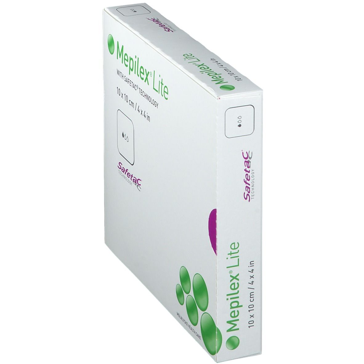 Schräg stehende Verpackung von Mepilex Lite. Aufdruck: 10 x 10 cm, Safetac Technologie, grüne Kreise. Logo: Mölnlycke Health Care.