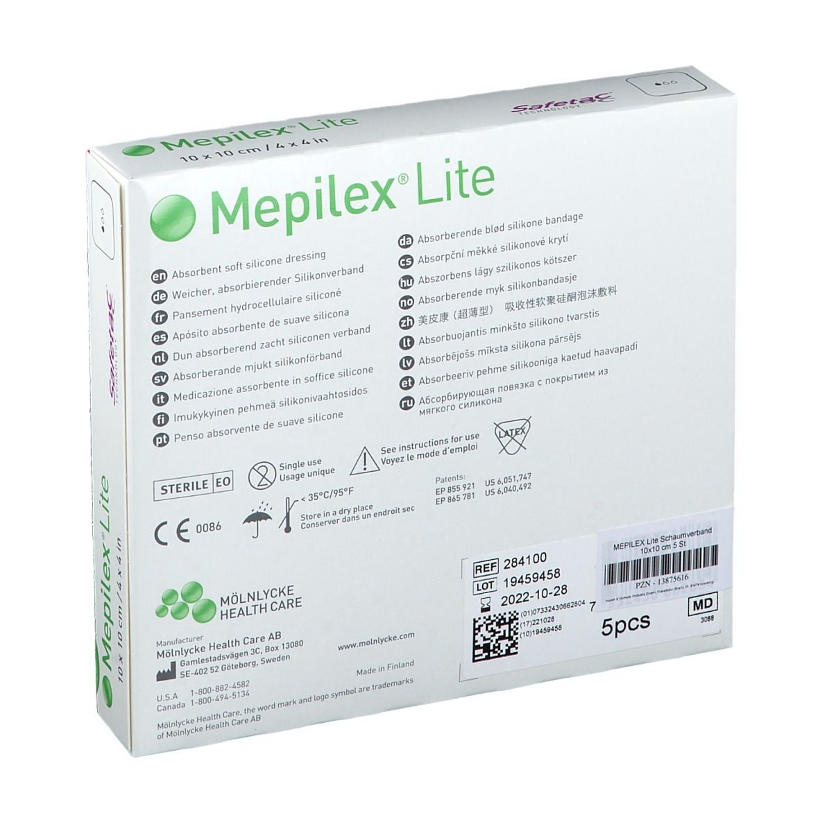 Rückseite der Mepilex Lite Verpackung. Text in mehreren Sprachen. Logo: Mölnlycke Health Care. Angaben zu Chargennummer und Verfallsdatum.
