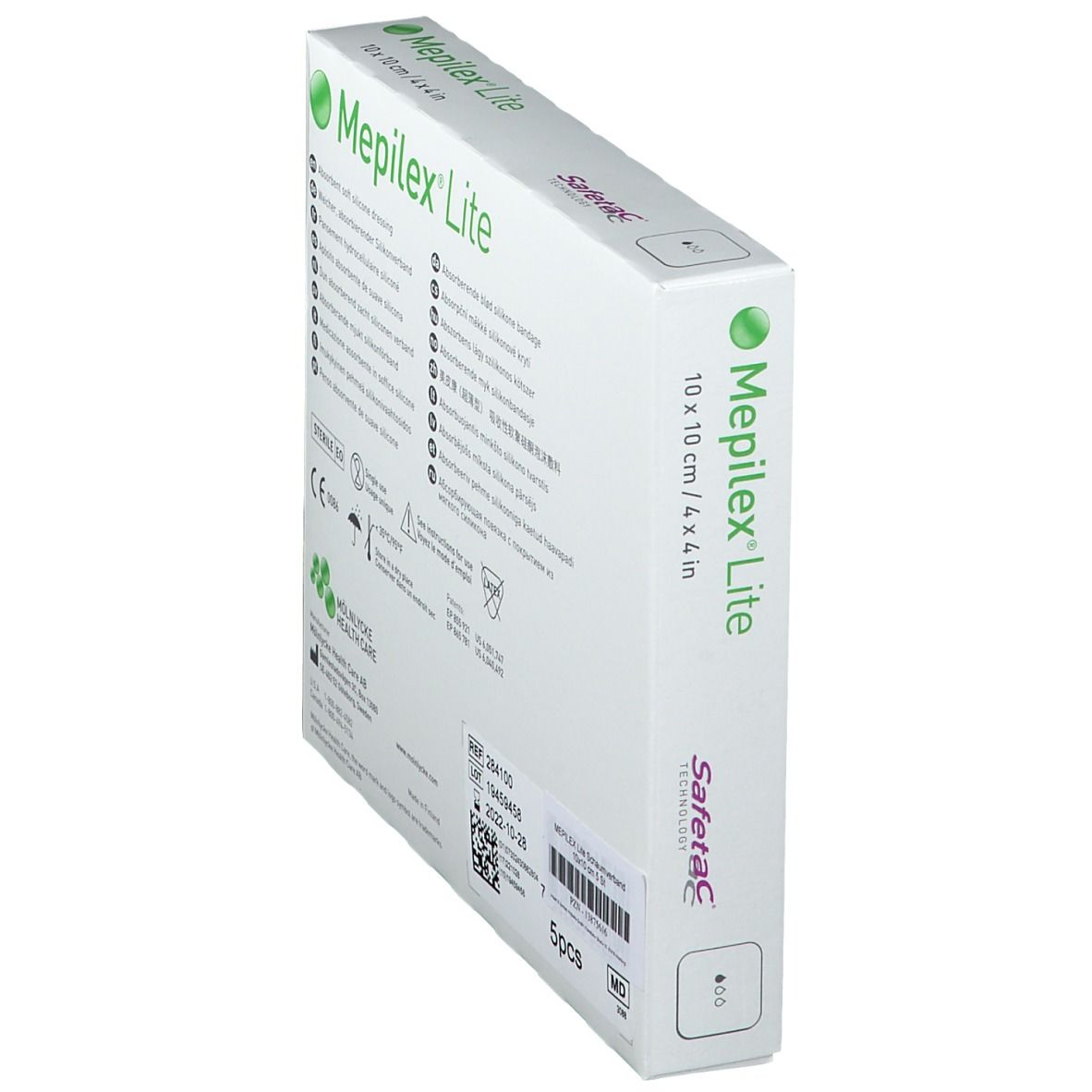 Schräg stehende Verpackung von Mepilex Lite. Rückseite mit Text und Logo: Mölnlycke Health Care. Angaben zu Chargennummer und Verfallsdatum.