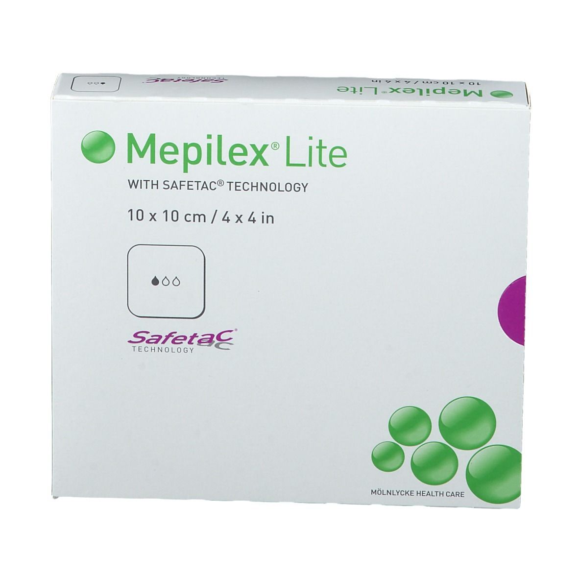 Weiße Verpackung von Mepilex Lite. Aufdruck: 10 x 10 cm, Safetac Technologie, grüne Kreise. Logo: Mölnlycke Health Care.