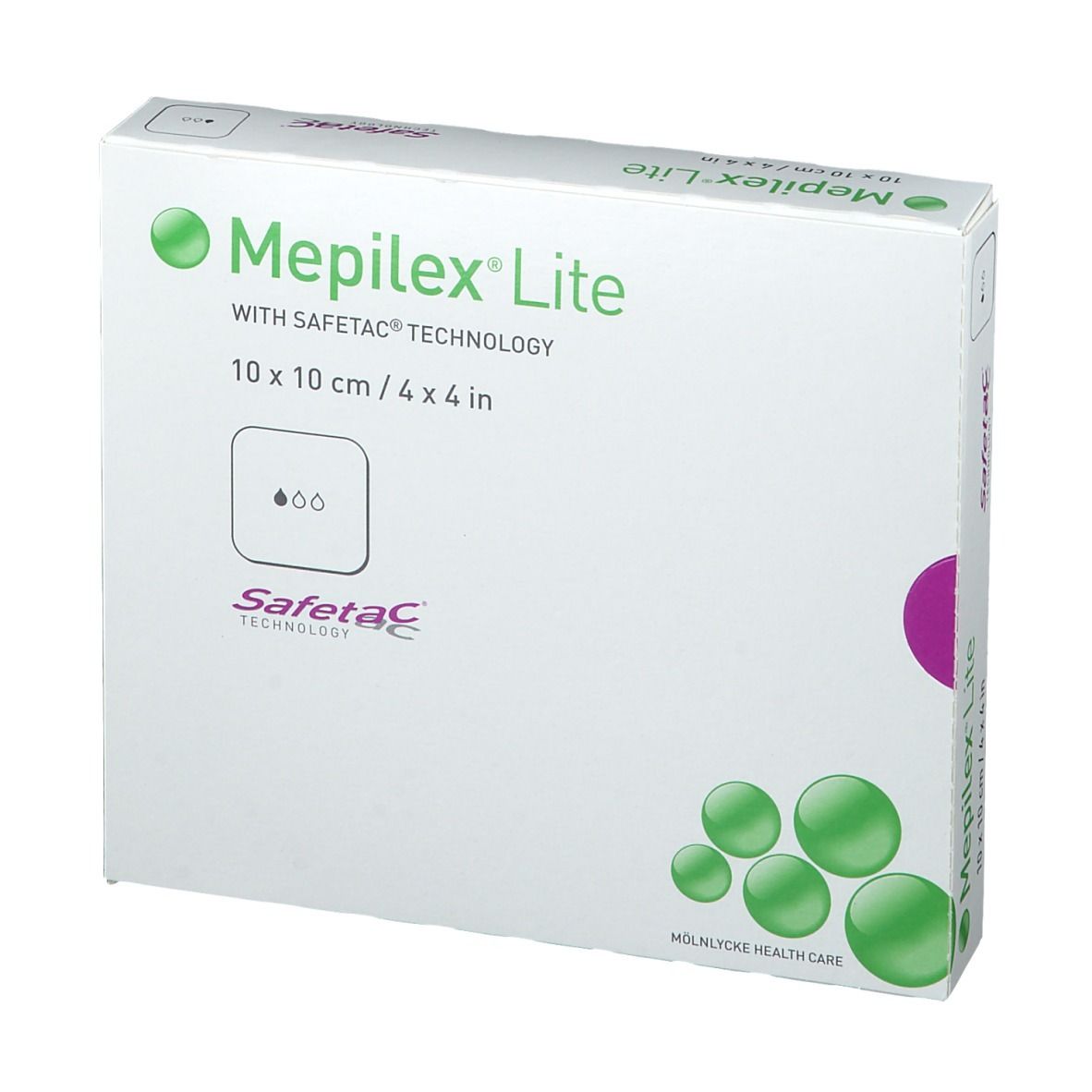 Weiße Verpackung von Mepilex Lite. Aufdruck: 10 x 10 cm, Safetac Technologie, grüne Kreise. Logo: Mölnlycke Health Care.