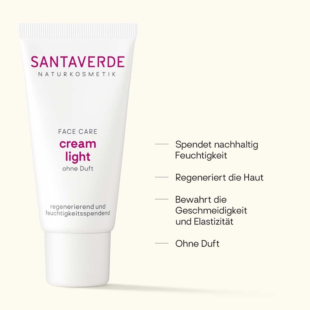 Weiße Tube mit Text. Text: cream light, ohne Duft, regenerierend und feuchtigkeitsspendend.