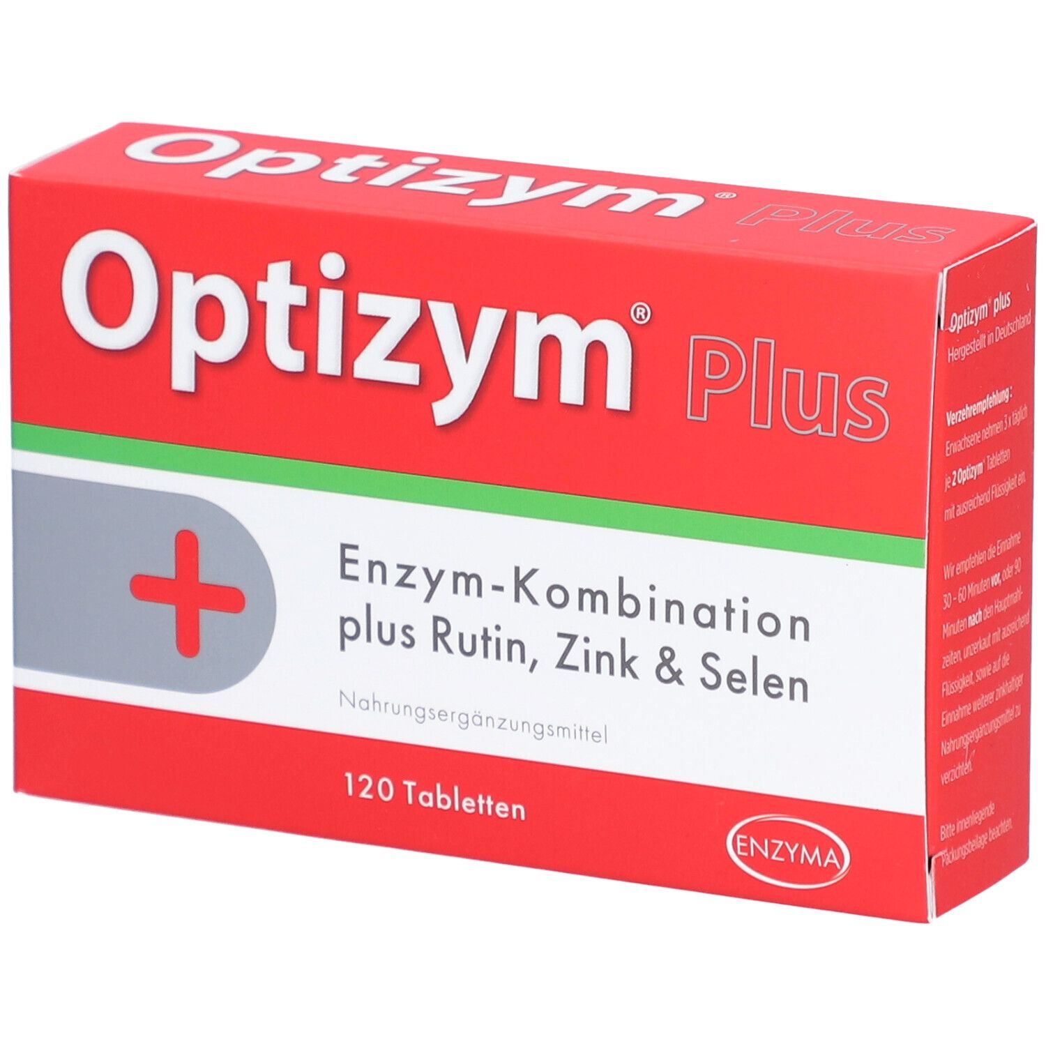 Rote Schachtel "Optizym Plus" mit 120 Tabletten. Aufschrift: Enzym-Kombination plus Rutin, Zink & Selen.