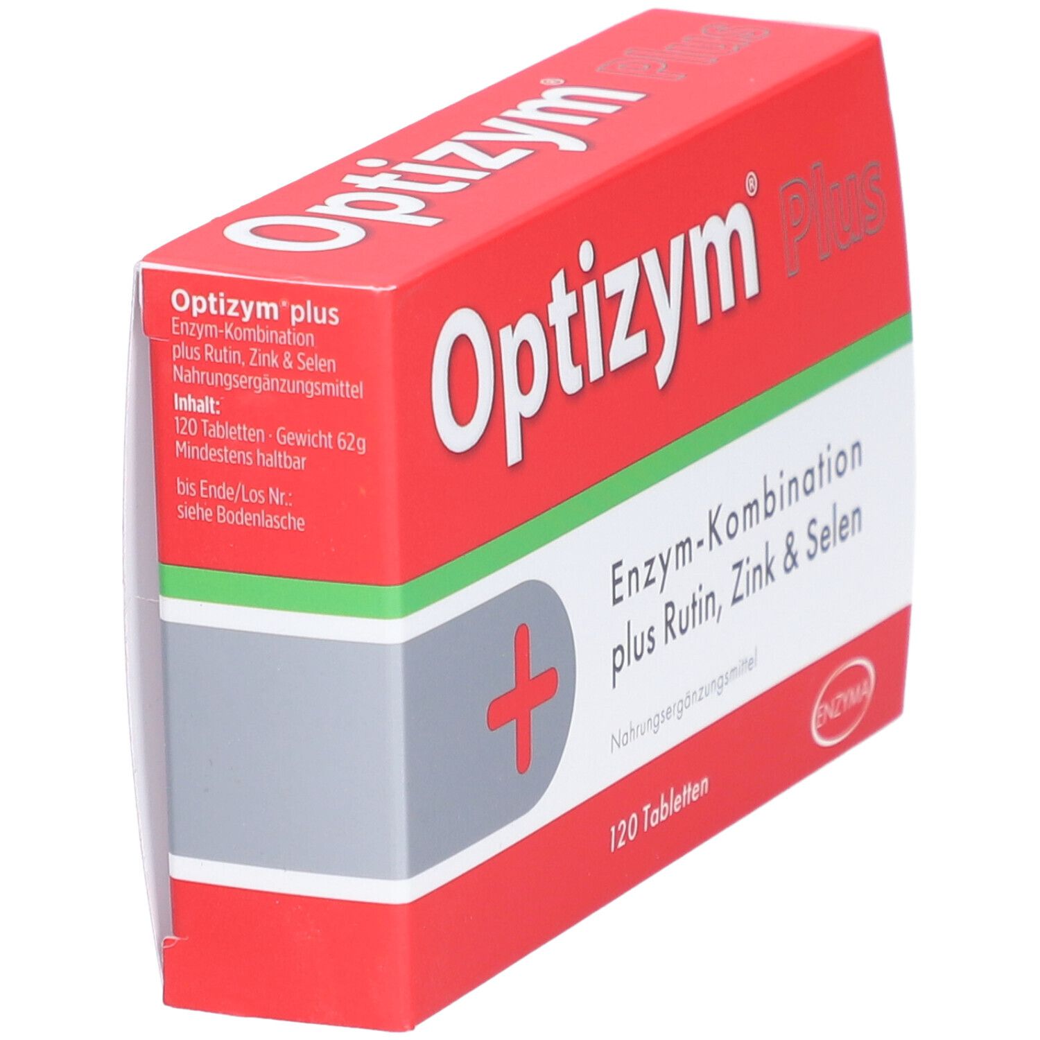 Rote Schachtel "Optizym Plus" mit 120 Tabletten. Aufschrift: Enzym-Kombination plus Rutin, Zink & Selen. Seitenansicht.