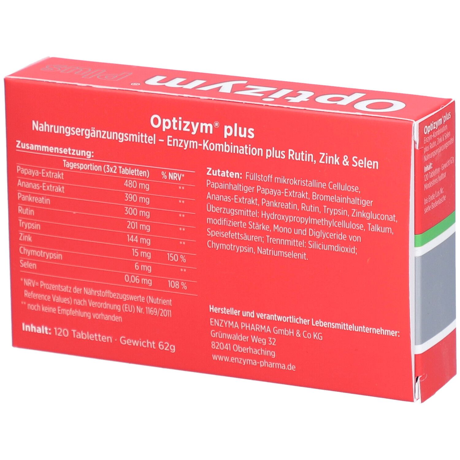 Rote Schachtel "Optizym Plus". Rückseite mit Inhaltsstoffen und Nährwertangaben. Enthält 120 Tabletten.