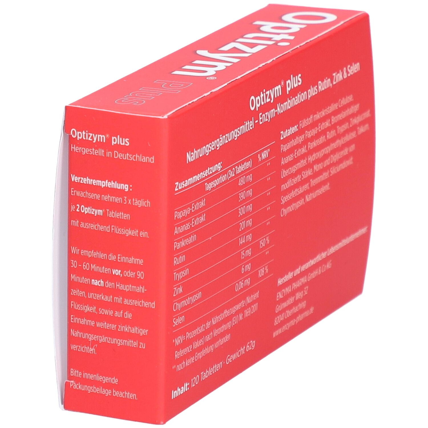 Rote Schachtel "Optizym Plus". Rückseite mit Dosierungsempfehlung und Inhaltsstoffen. Enthält 120 Tabletten.