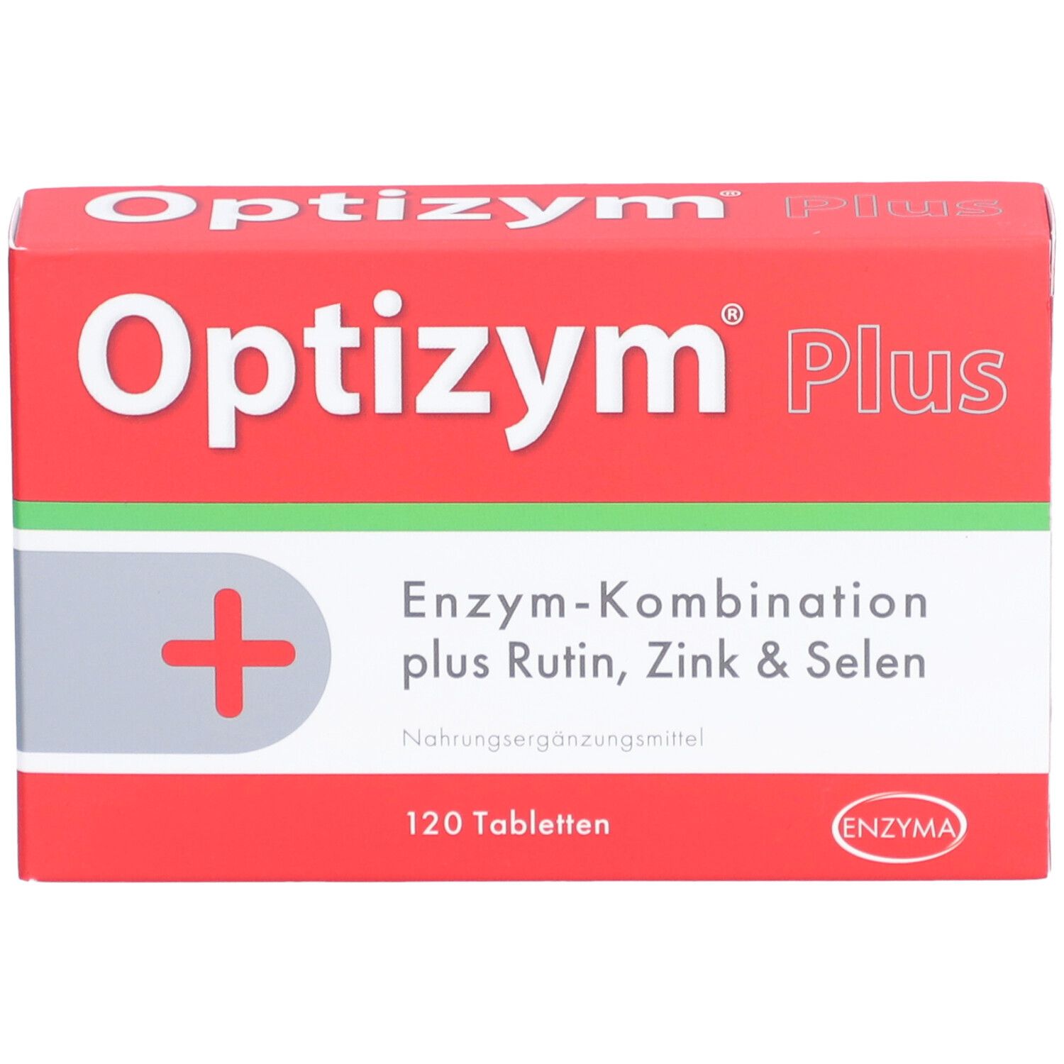 Rote Schachtel "Optizym Plus" mit 120 Tabletten. Aufschrift: Enzym-Kombination plus Rutin, Zink & Selen.