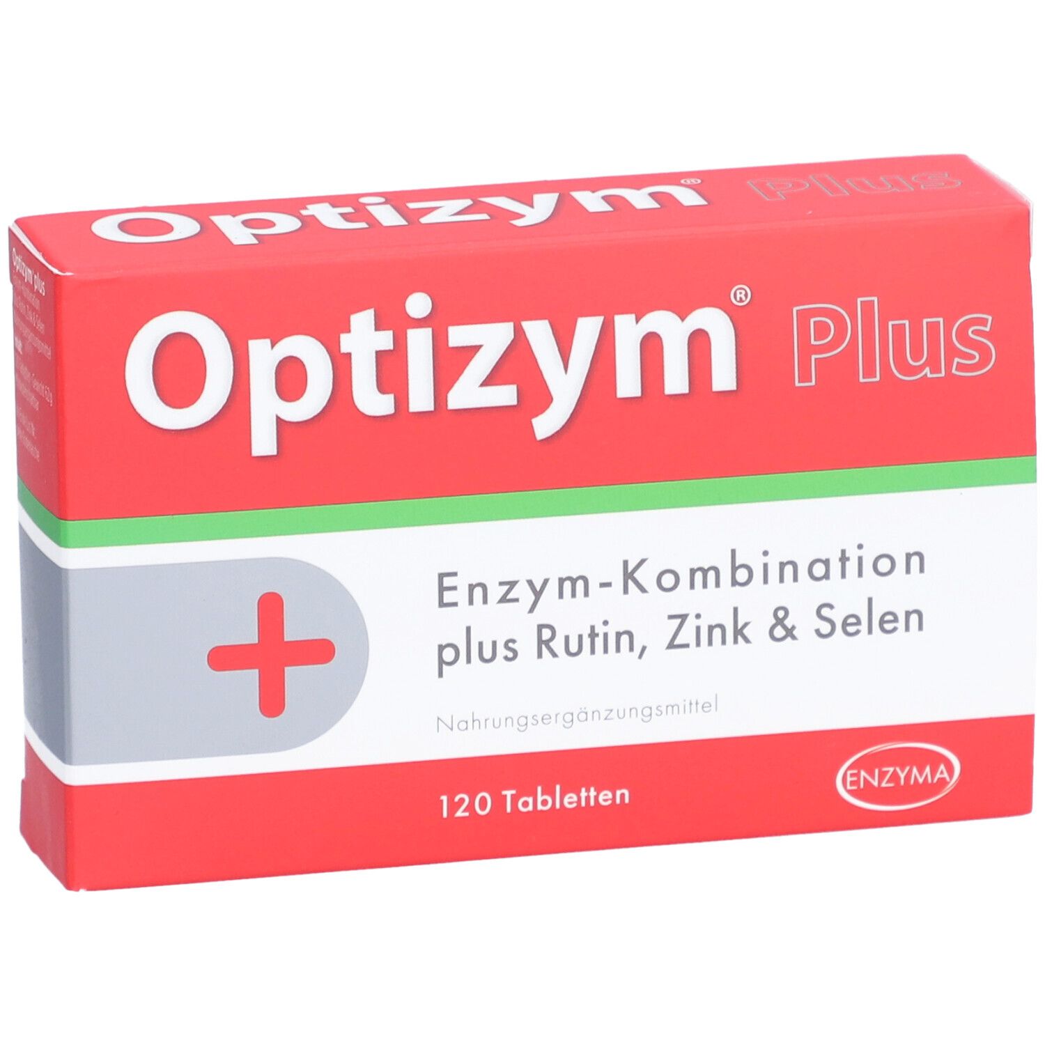 Rote Schachtel "Optizym Plus" mit 120 Tabletten. Aufschrift: Enzym-Kombination plus Rutin, Zink & Selen.