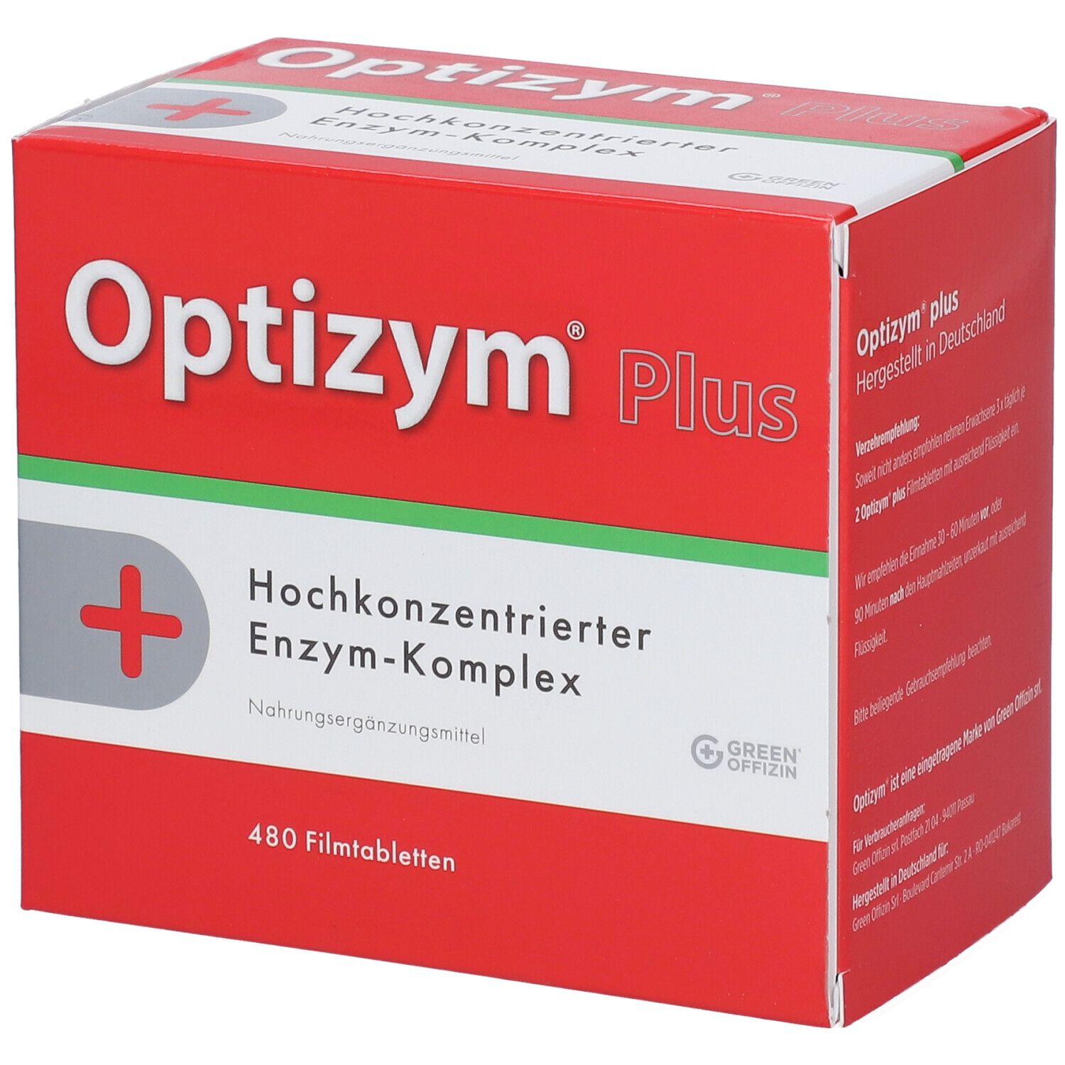 Rote Schachtel mit "Optizym Plus"-Logo und Kreuz-Symbol. Enthält 480 Filmtabletten. Grün Offizin-Logo.