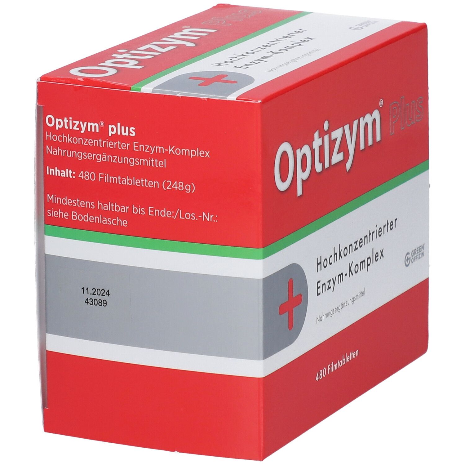 Rote Schachtel mit "Optizym Plus"-Logo und Kreuz-Symbol. Enthält 480 Filmtabletten. Mindesthaltbarkeitsdatum.