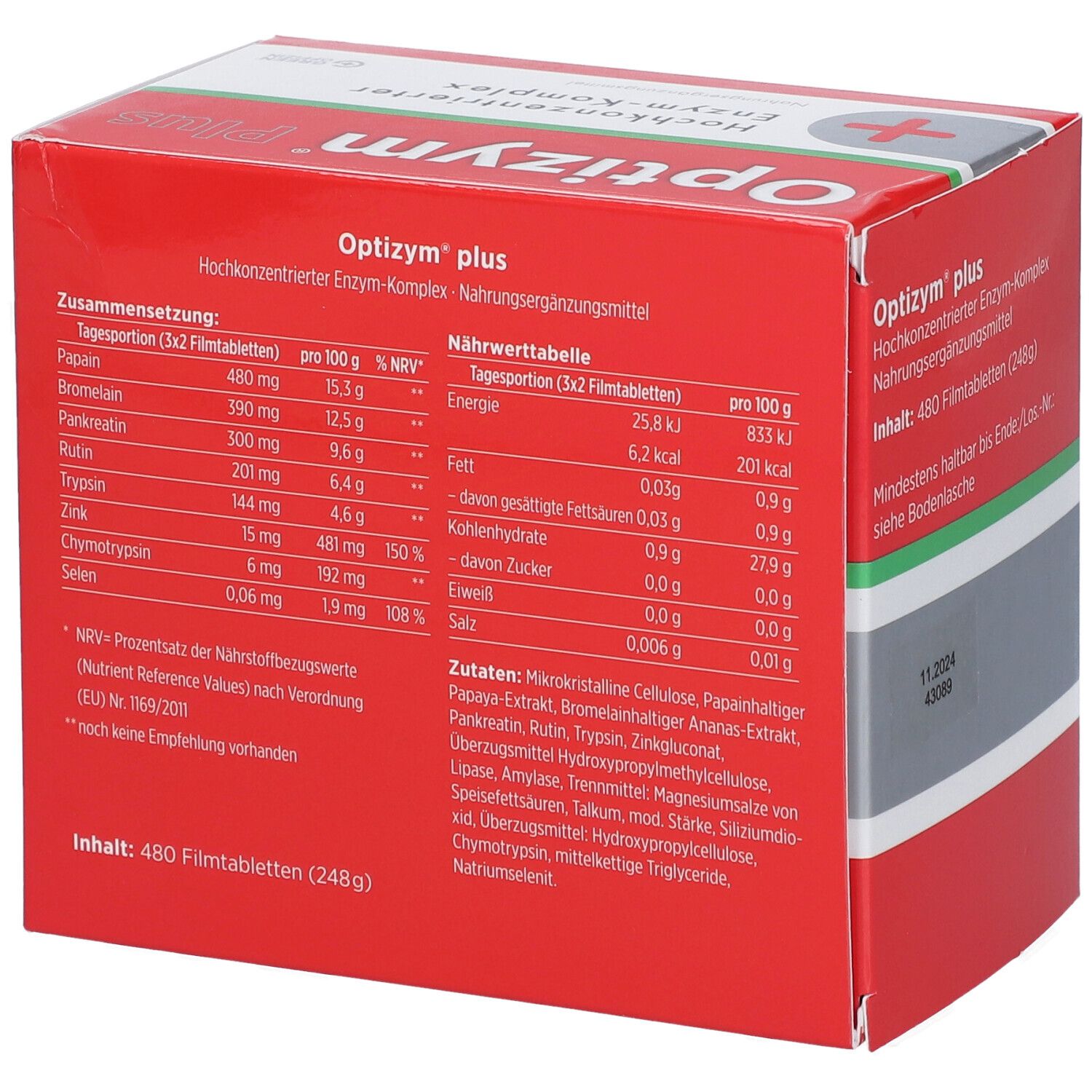 Rote Schachtel mit "Optizym plus"-Logo und Kreuz-Symbol. Nährwerttabelle und Inhaltsstoffe aufgedruckt.