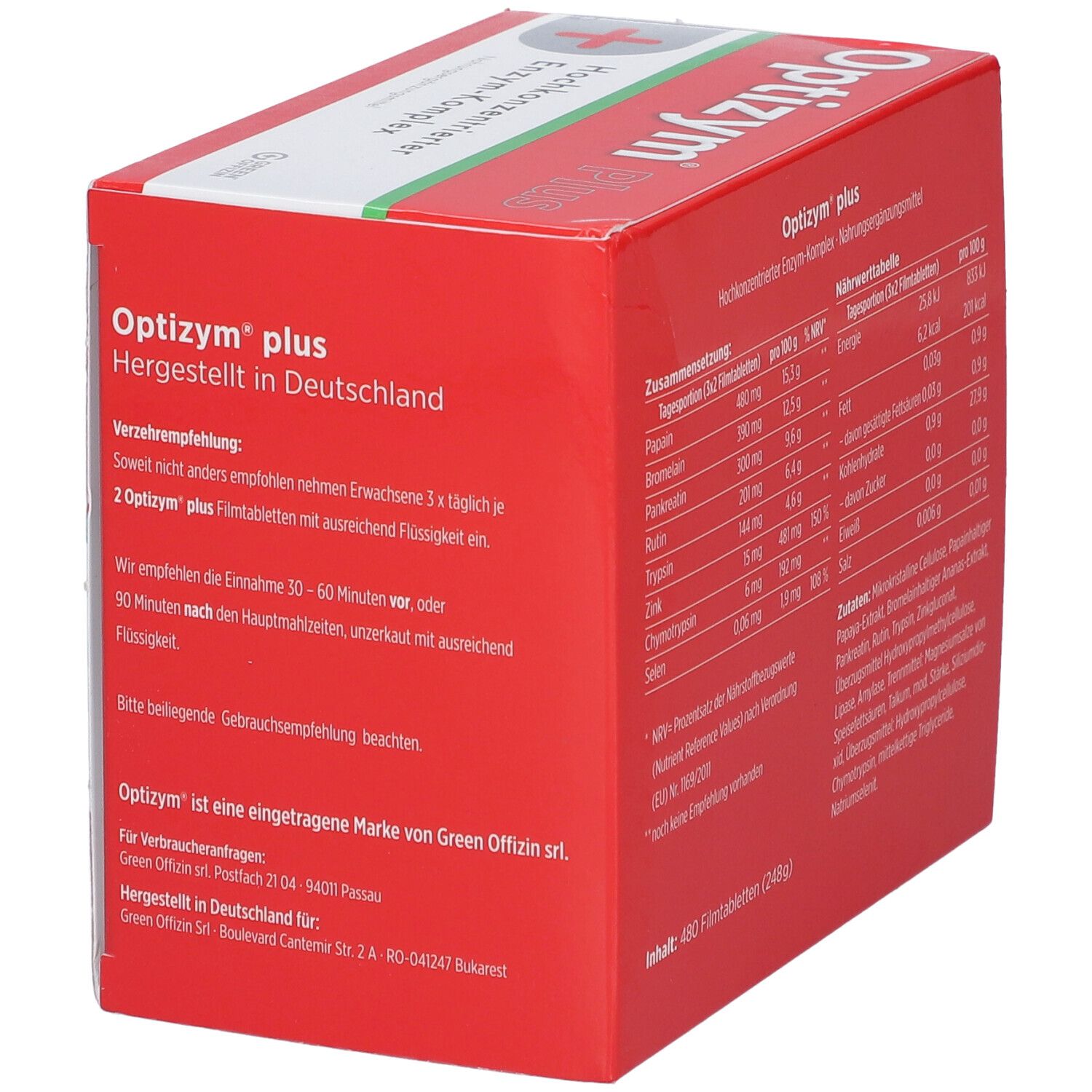 Rote Schachtel mit "Optizym plus"-Logo und Kreuz-Symbol. Gebrauchsanweisung und Herstellerinformationen.