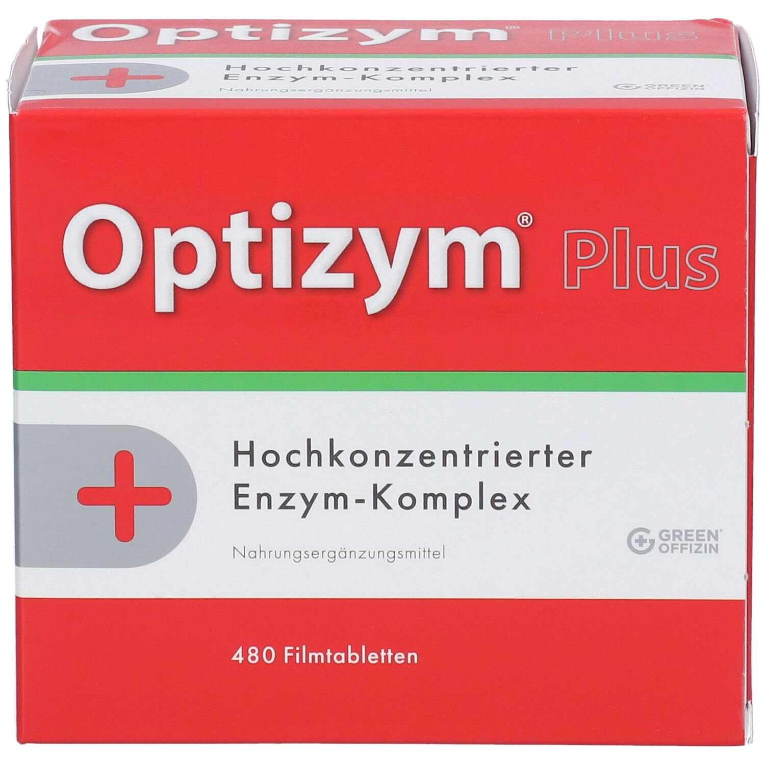 Rote Schachtel mit "Optizym Plus"-Logo und Kreuz-Symbol. Enthält 480 Filmtabletten. Grün-weißer Streifen.