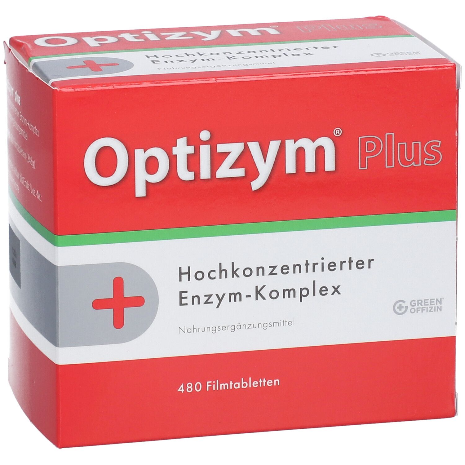 Rote Schachtel mit "Optizym Plus"-Logo und Kreuz-Symbol. Enthält 480 Filmtabletten. Grün Offizin-Logo.