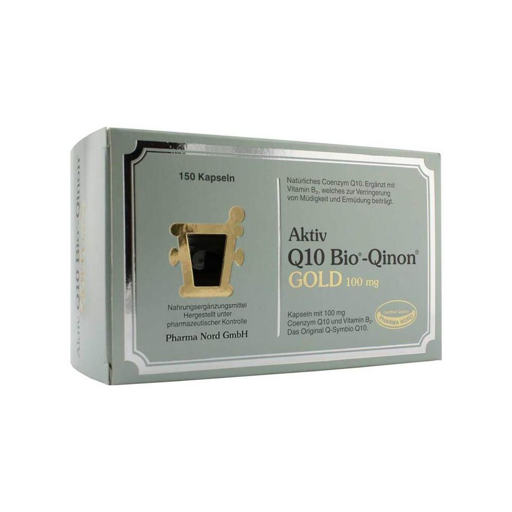 Schachtel mit Q10 Bio-Qinon Gold 100 mg. 150 Kapseln. Grün-graue Verpackung mit Produktinformationen und Logo.